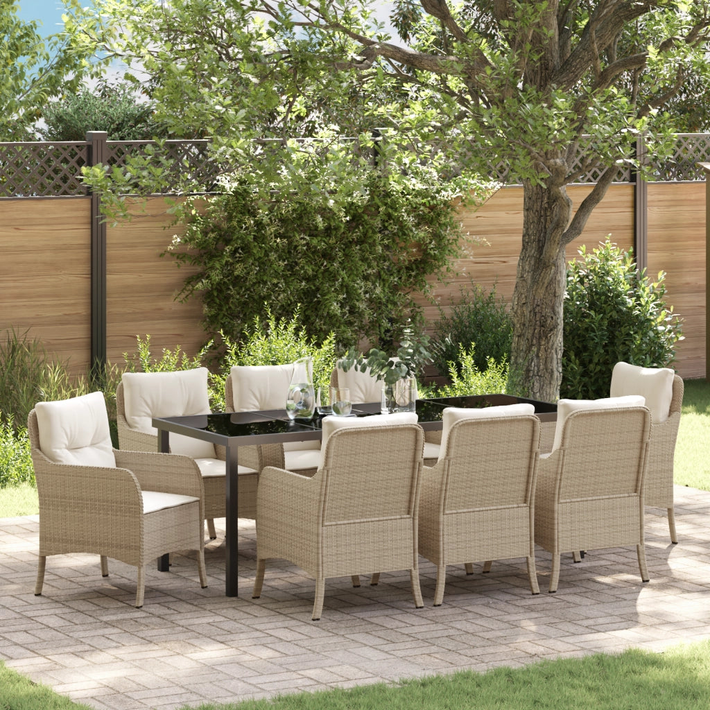 Set da Pranzo da Giardino 9 Pezzi con Cuscini Beige Rattan Polietileno