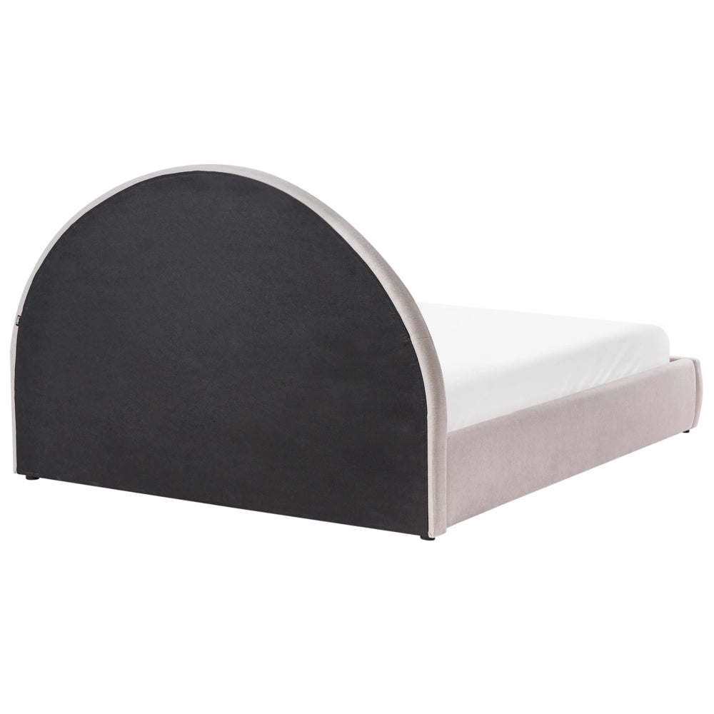 Letto imbottito in tessuto di ciniglia tortora 140 x 200 cm, contenitore rialzabile con testiera e rete a doghe