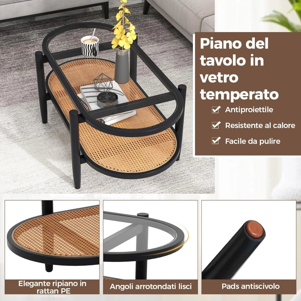 Tavolino da Salotto in Legno Massello e Vetro, Tavolino Basso a 2 Piani con Spazio di Archiviazione, Tavolo Ovale Elegante per Soggiorno e Ufficio (Nero)