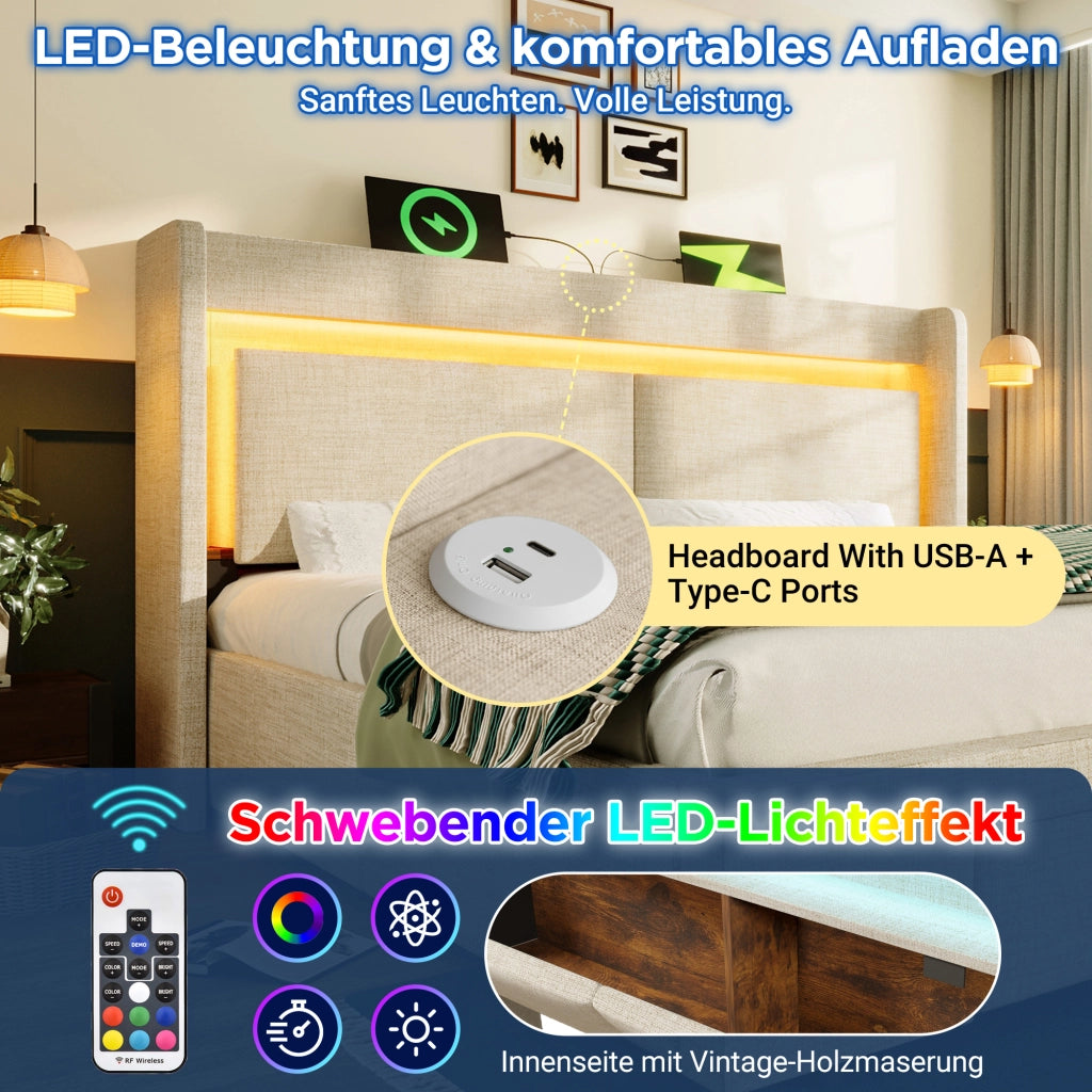 Letto imbottito in lino beige 140x200 vano idraulico LED USB doghe con materasso