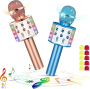 Microfono Karaoke Bluetooth Senza Fili con Illuminazione a LED e Altoparlante - Set da 2 - Microfono Portatile per Cantare - Regalo per Bambini e Adulti - Incluso 10 Coprispia Per Microfono