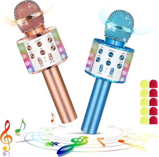 Microfono Karaoke Bluetooth Senza Fili con Illuminazione a LED e Altoparlante - Set da 2 - Microfono Portatile per Cantare - Regalo per Bambini e Adulti - Incluso 10 Coprispia Per Microfono