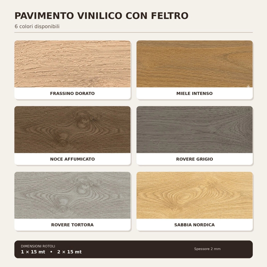 2 x 15 m (30 m²) Pavimento Vinilico a Rotolo Effetto Legno Rovere Tortora – Spessore 2 mm con Feltro Fonoassorbente