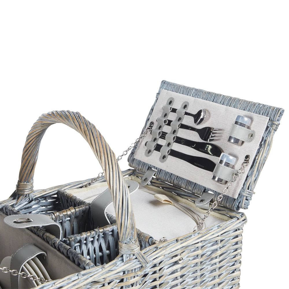 Cesto da picnic in vimini grigio per 4 persone fatto a mano con borsa termica semplice ed elegante