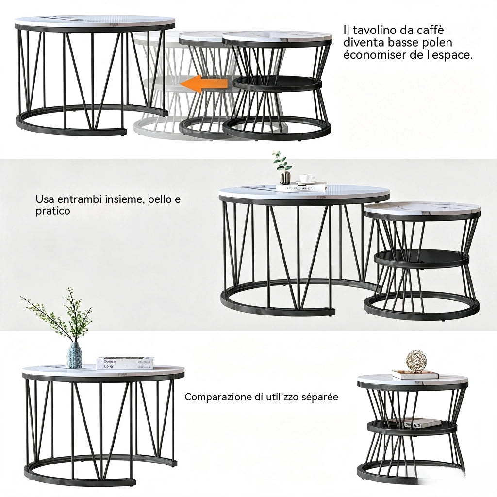 Tavolino da salotto rotondo 70x70x45 cm; set 2 pezzi sovrapponibile; tavolino salotto moderno con struttura in metallo nero e piano effetto marmo nero