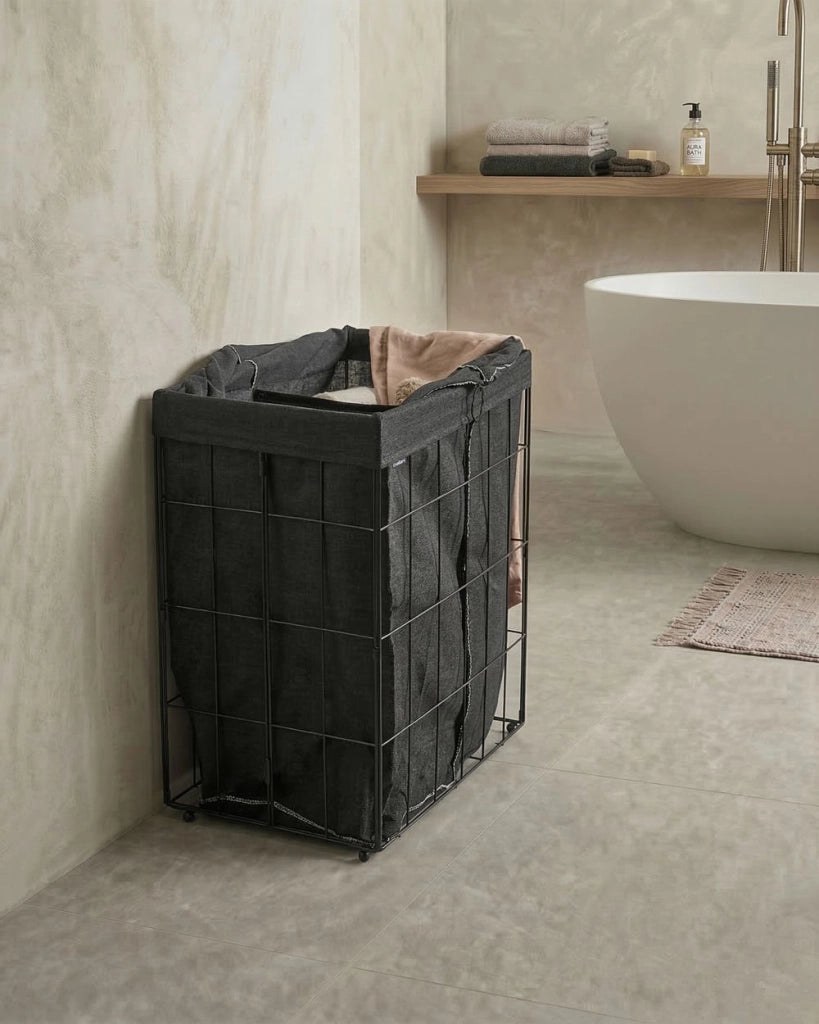 Cesto portabiancheria con struttura in metallo nero e rivestimento in tessuto pieghevole realizzato a mano per il bagno 100 l