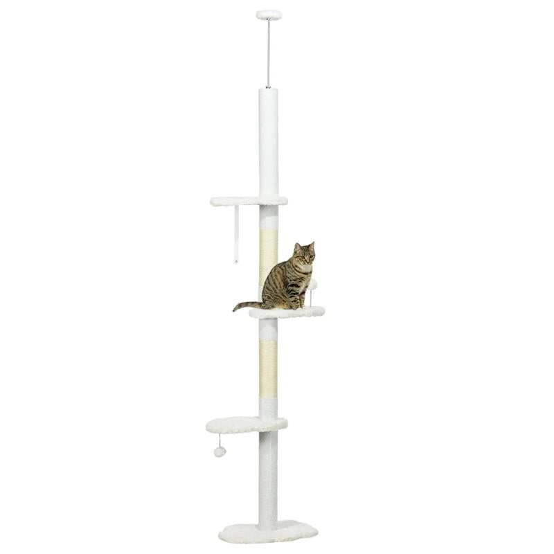 ALBERO PER GATTI A SOFFITTO CON ALTEZZA REGOLABILE E PALI TIRAGRAFFI IN COTONE 48X32X225-255 CM BIANCO