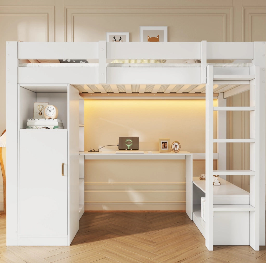 Letto a soppalco bianco 90 x 200 cm con armadio, scrivania e LED