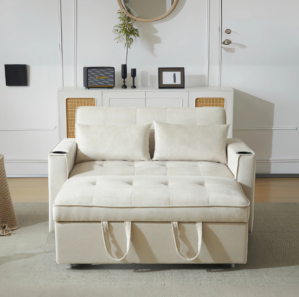 Divano letto multifunzione con portabicchieri e tasche in velluto beige