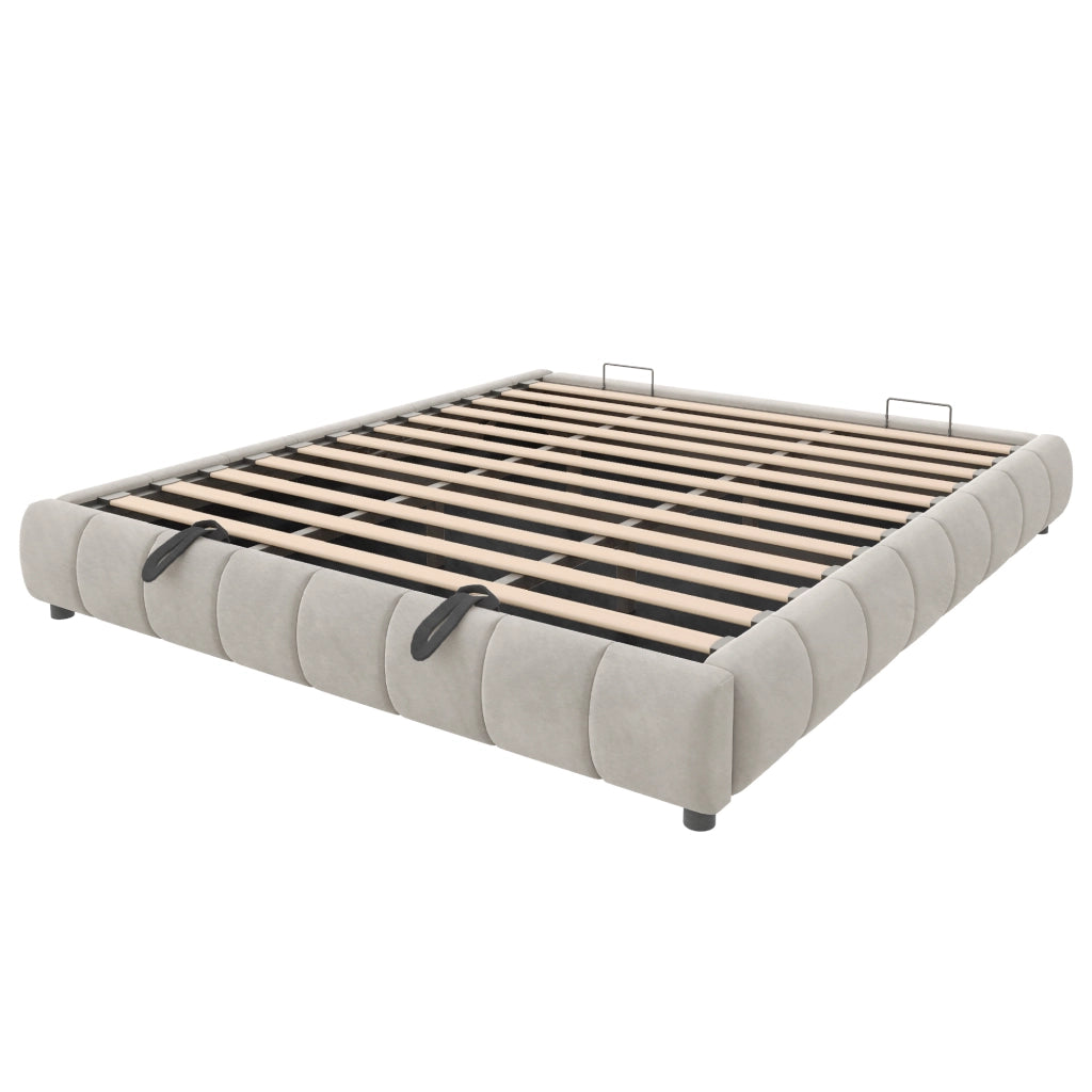Letto imbottito 180x200 cm con sollevamento idraulico, LED bianco, senza testiera, Beige