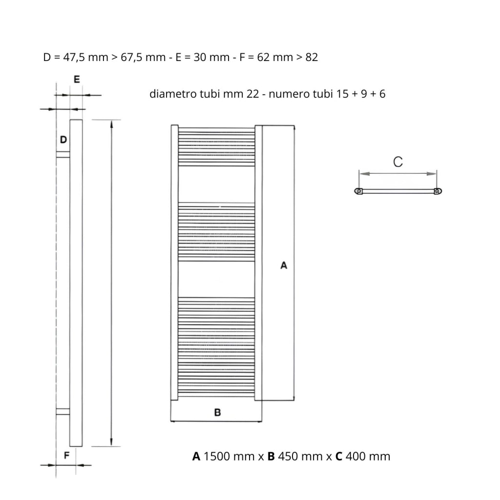 Termoarredo bianco in acciaio scaldasalviette per bagno elegante *** misure h1500xl450xi400 30 tubi, pezzi 1