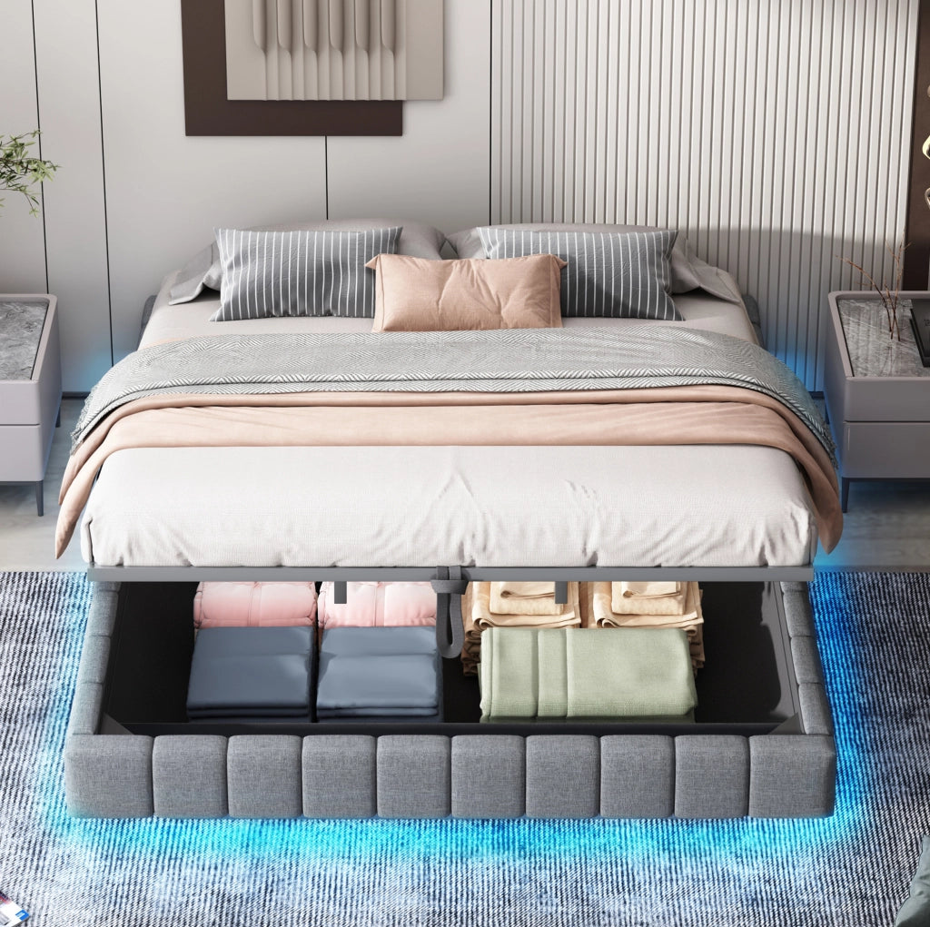 Letto matrimoniale imbottito 180x200 cm con contenitore; LED; effetto sospeso; grigio
