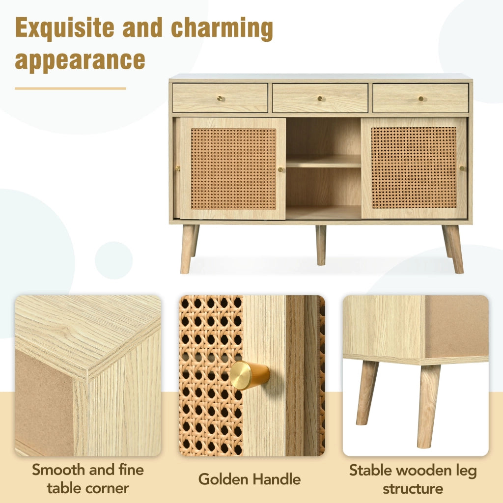 Credenza con 3 cassetti e 3 ante in MDF effetto quercia con ripiani regolabili e piedi alti 120 × 40 × 78 cm