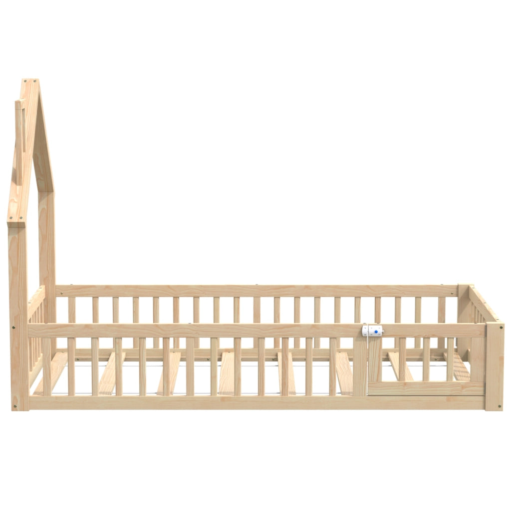 Letto a casetta 90x200 cm con design a camino e sponde in pino e MDF colore naturale