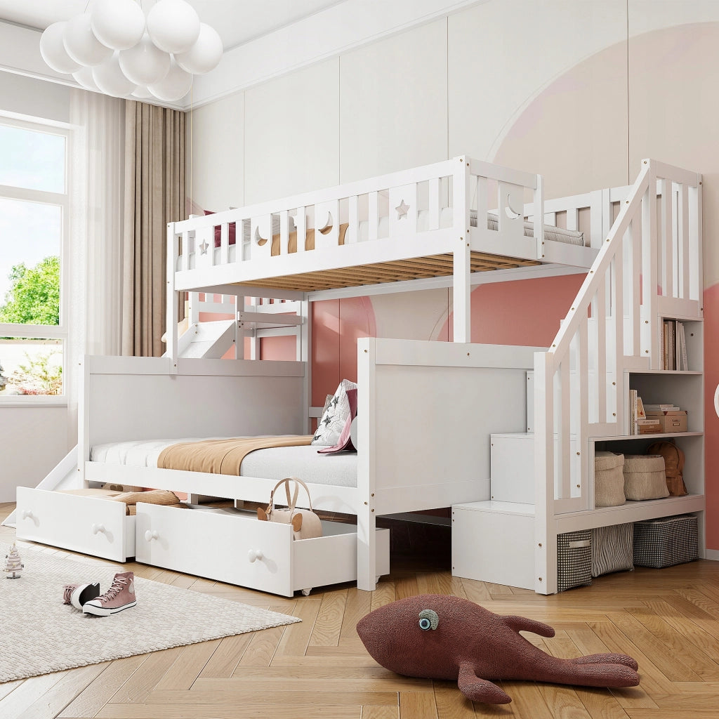 Letto a castello per bambini 90x200/140x200 - Xylo - Bianco con scivolo
