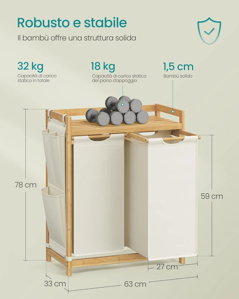 SONGMICS Cesto Portabiancheria a 2 Scomparti, Cesto Biancheria Sporca in Bambù 100 L, Porta Biancheria con Piano, Tasche Laterali, 2 x 50 L, 63 x 33 x 78 cm cm, Bianco Crema RLH100W01