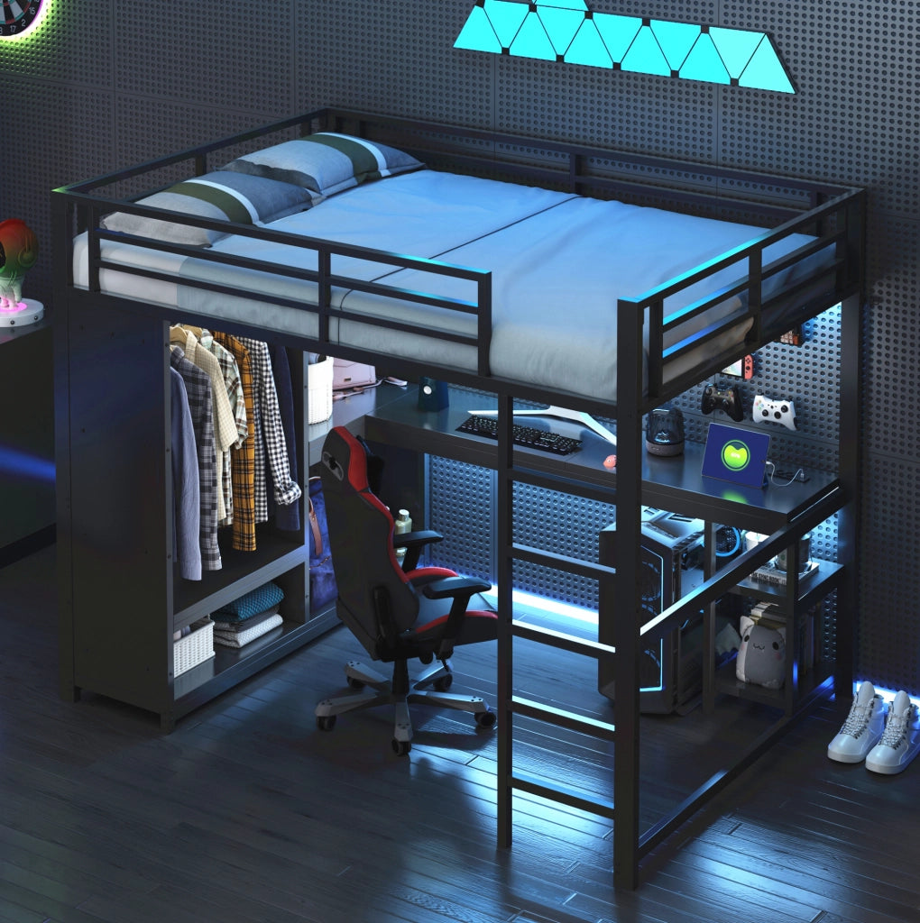 Letto a soppalco 140x200 cm con scrivania; LED e armadio aperto in metallo nero