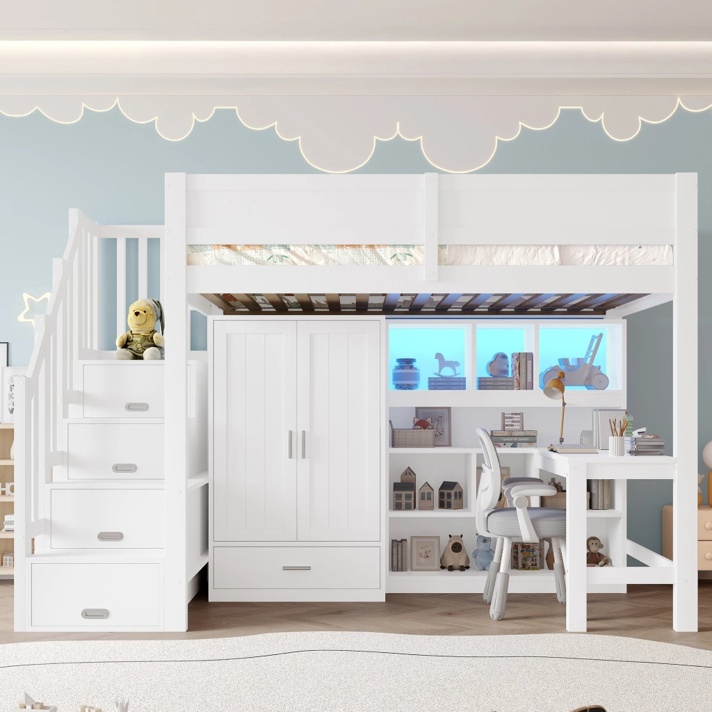 Letto a castello bianco con scrivania regolabile funzione LED e stoccaggi 90x200cm