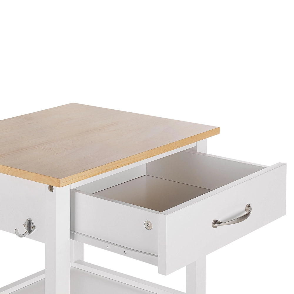 Carrello da Cucina Bianco e Legno Chiaro Piano MDF 48 x 39 x 89 cm Armadio Porta Asciugamani Posate Cassetti Ruote