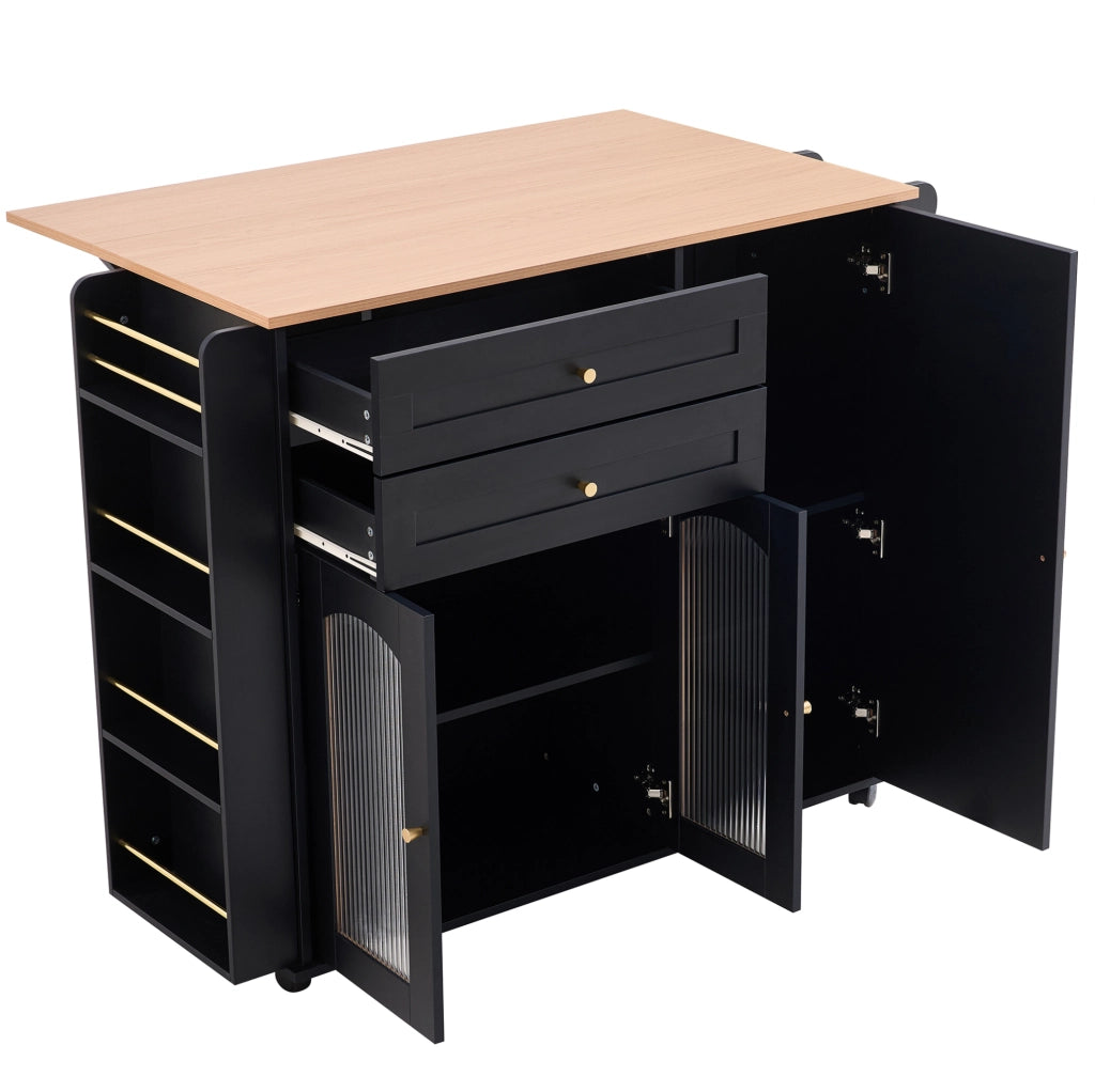 Isola da cucina mobile 110 cm con piano ribaltabile; 2 cassetti e ruote; nera
