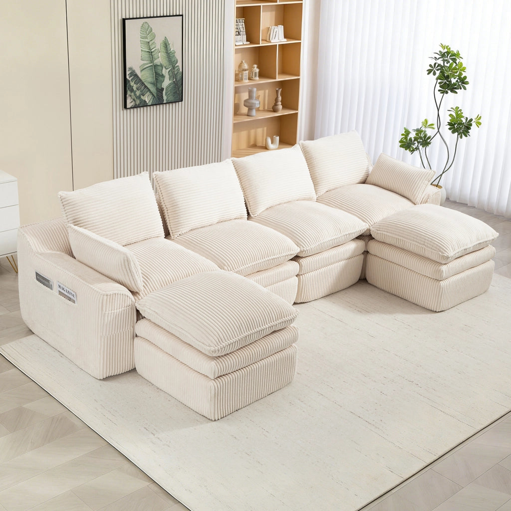 Divano modulare 4 posti con tasche laterali e cuscini; configurazione flessibile; in corduroy beige