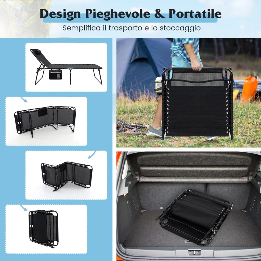 Lettino Prendisole da Giardino, Sedia a Sdraio Pieghevole con Schienale Regolabile, Cuscino Staccabile, Tasca, Portata 200 kg, 168-188 x 69 x 41-86 cm (Nero)