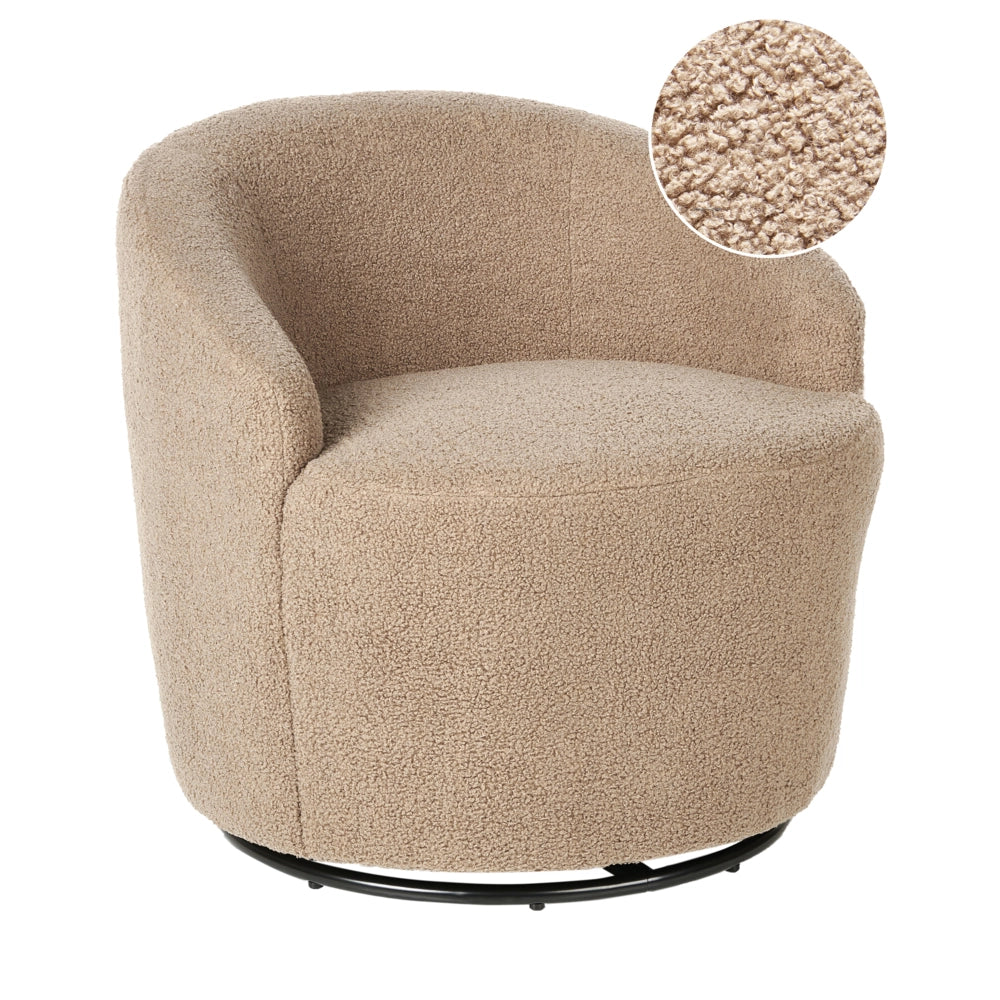 Poltrona con schienale curvo in tessuto bouclé tortora base girevole 360° Art Deco dorato