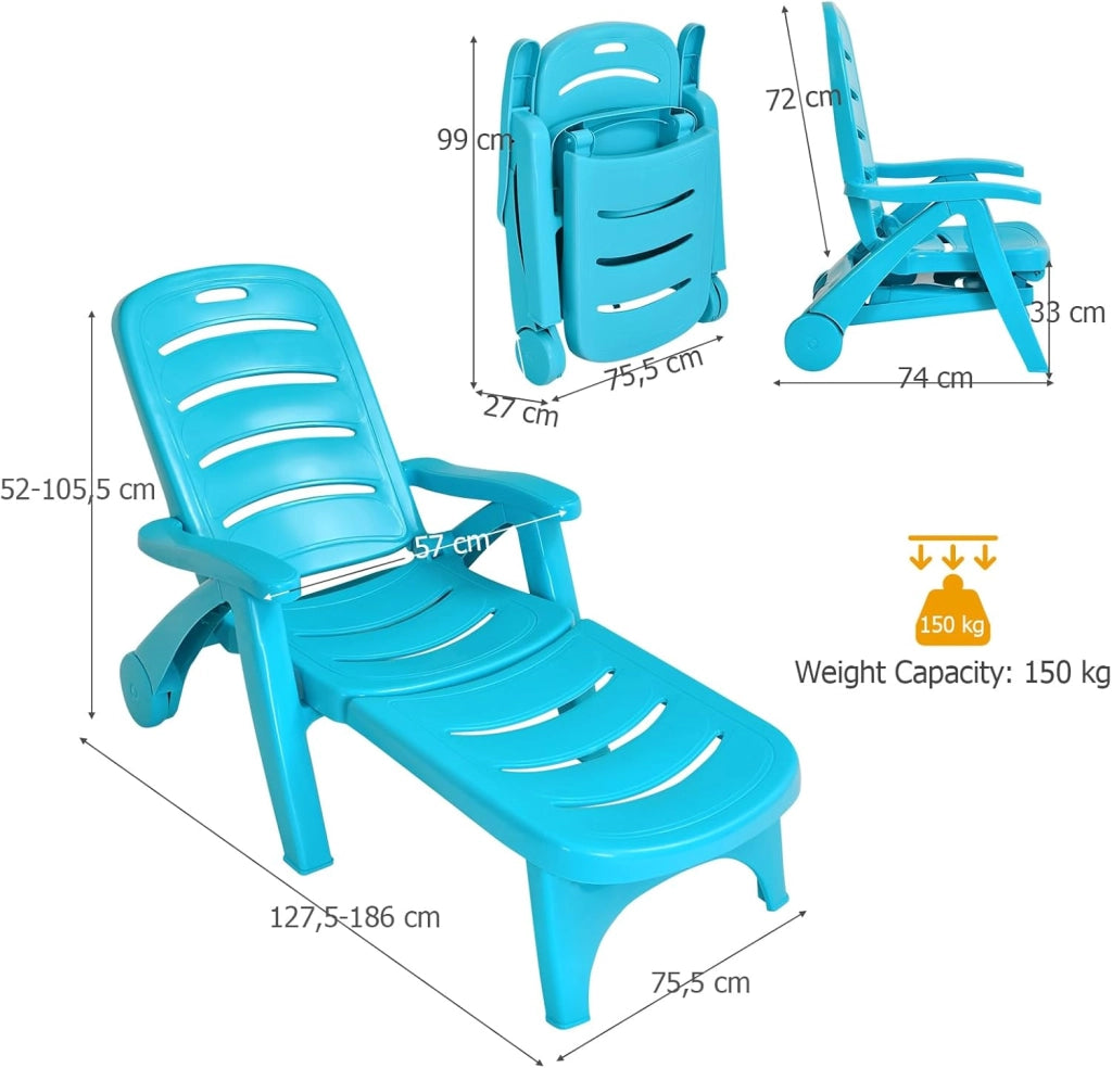 Lettino Pieghevole Prendisole con Ruote, Sdraio Pieghevole con Schienale Regolabile e Poggiapiedi Pieghevole, Per Giardino, Piscina e Spiaggia，3 Colori (Turchese)