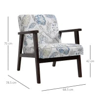 Sedia per Soggiorno Poltroncina Imbottita con Braccioli in Legno e Tessuto Traspirante per Casa e Ufficio, a Fiori, 68.5x78.5x75cm