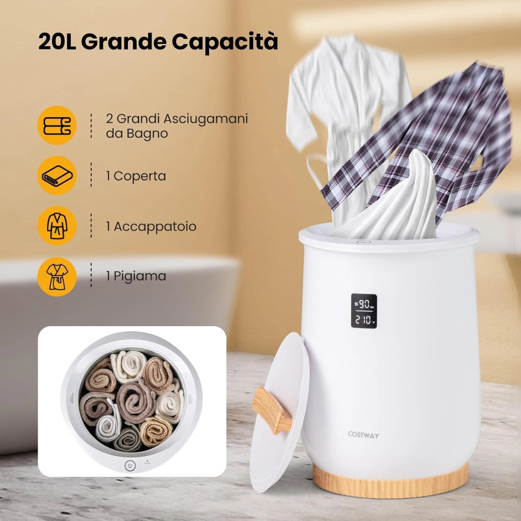 COSTWAY Secchio Scaldasalviette, Scalda Asciugamani Riscaldato 20L con Display LED, Controllo a 1 Pulsante e Timer, Scaldasalviette di Lusso Bagno con Portadischi Profumati e Spegnimento Automatico
