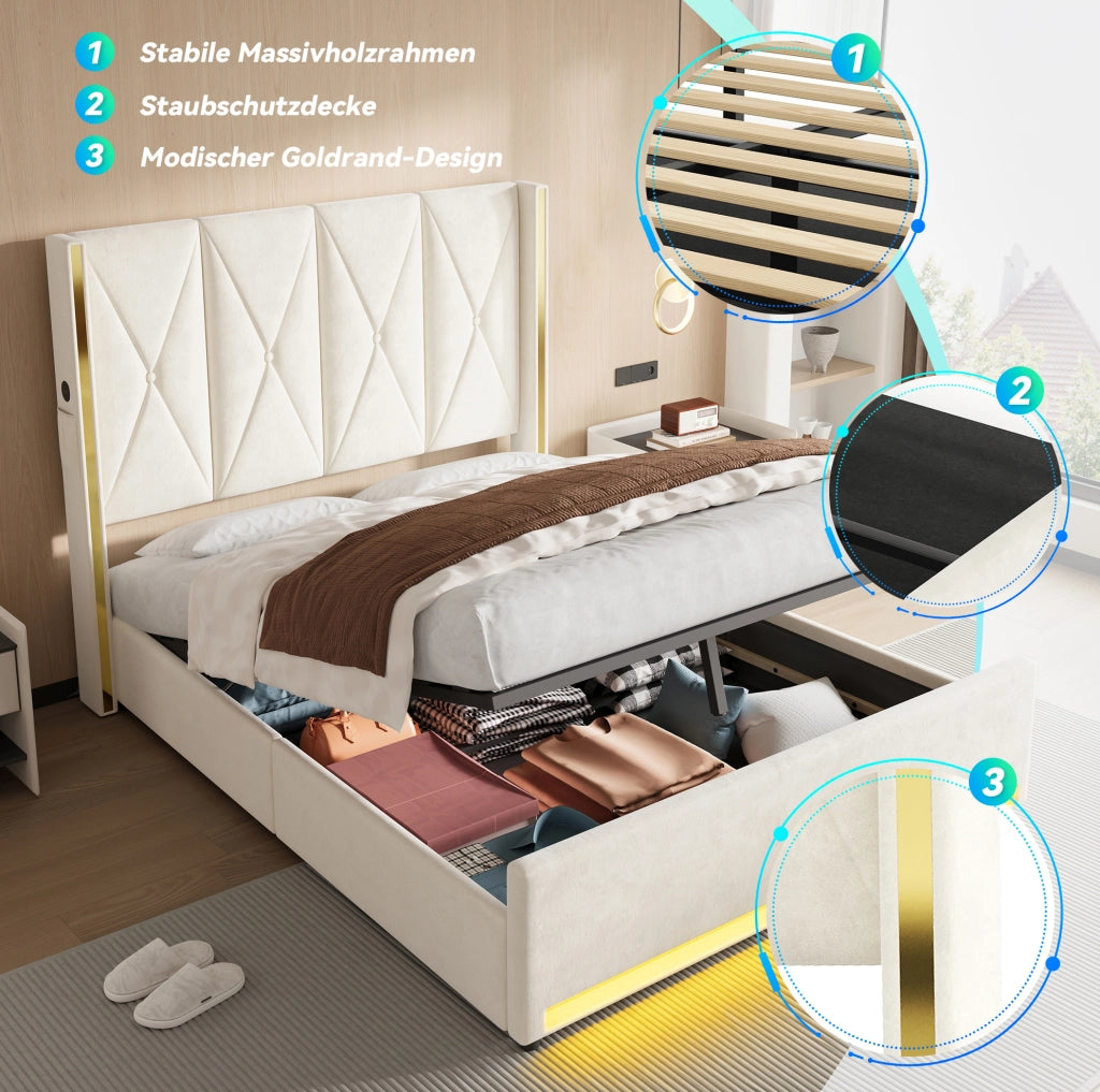 Letto contenitore 160x200 cm beige in velluto con LED e USB