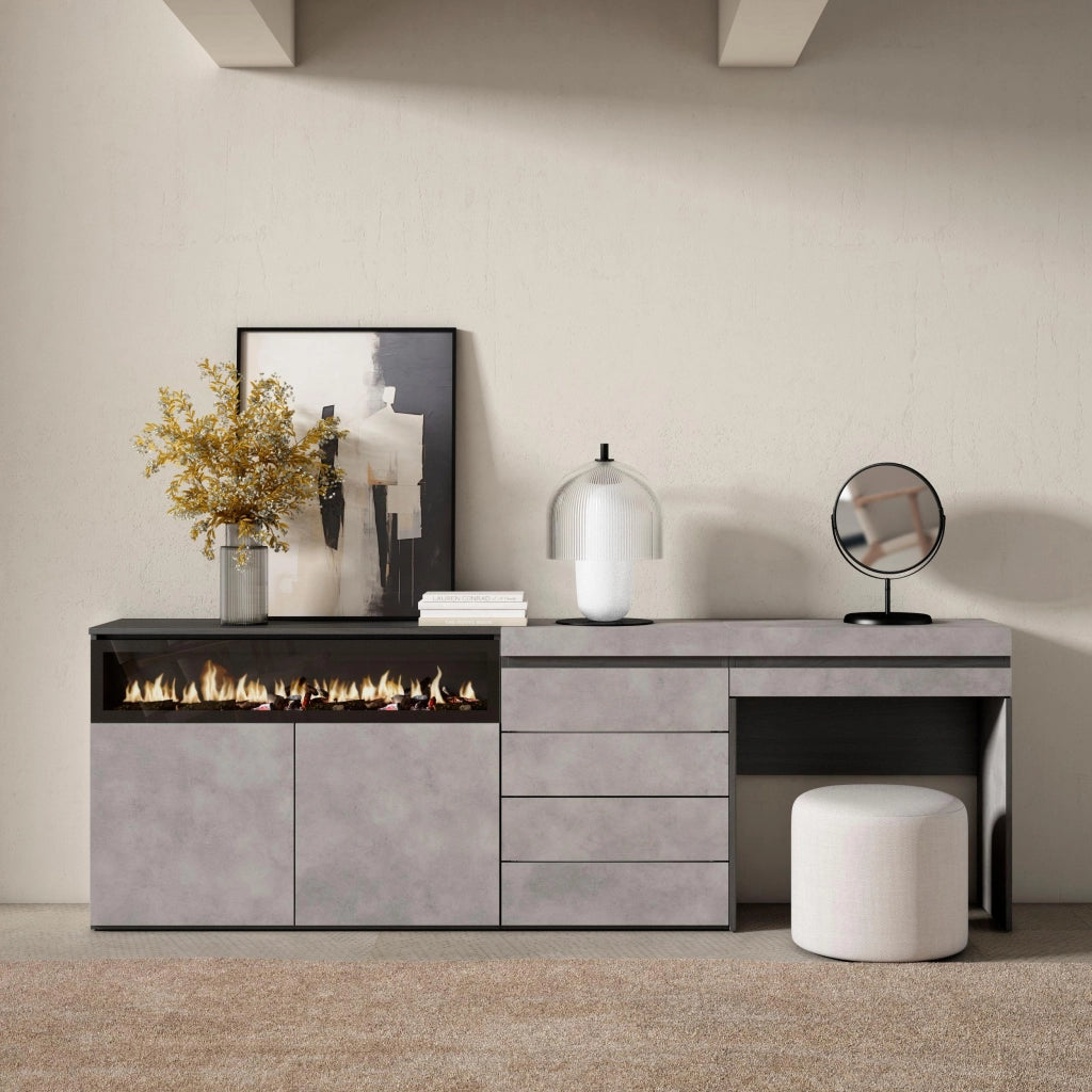 Credenza, 227x35x75cm, Camera da letto, Camino elettrico, Cassettiera, Tavolo da toeletta, grigio cemento RF3407
