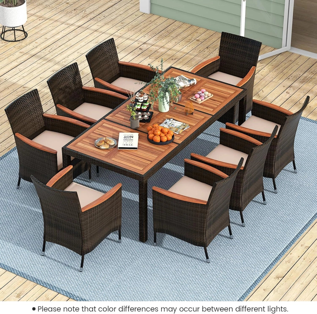 Tavolo e Sedie da Pranzo in PE Rattan, Set di Mobili in Rattan, Set di Mobili Composto da 9 Pezzi, con 8 Sedie e 1 Tavolo, Piano del Tavolo in Acacia, per Interno e Esterno