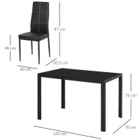Set 5 Pezzi con 1 Tavolo e 4 Sedie per Cucina o Sala da Pranzo in Finta Pelle, Metallo e Vetro Temperato, Nero