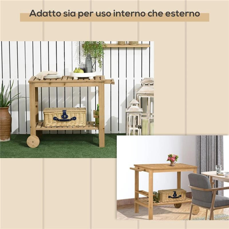 CARRELLO PORTAVIVANDE DA GIARDINO IN LEGNO CON 2 RIPIANI E PORTABOTTIGLIE, 95X47X74 CM, COLOR LEGNO
