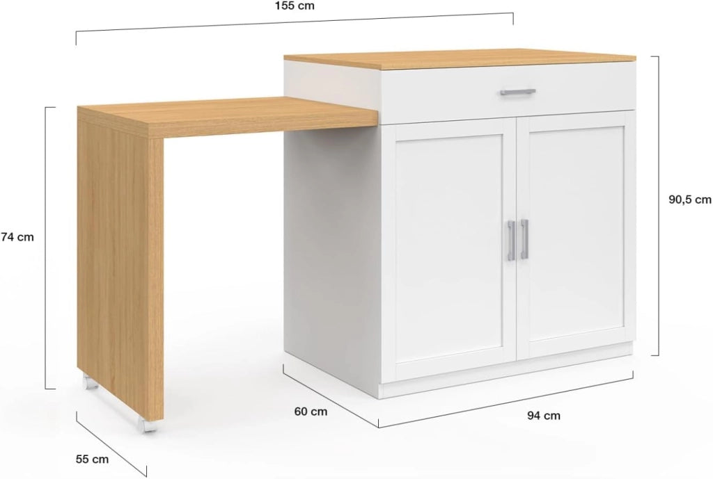 Isola centrale VITO 94-155 cm in legno bianco con tavolo da pranzo integrato allungabile in finitura faggio
