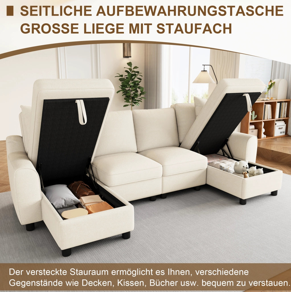 Divano angolare a U in ciniglia beige con vani contenitore, 280 × 137 × 84 cm