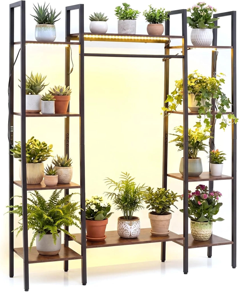 Scaffale Portapiante con Luci Regolabili, Scaffale Portavasi a 10 Ripiani con Telecomando e 4 Modalità d'Illuminazione, Portafiori da Interno ed Esterno in Legno e Metallo, Marrone