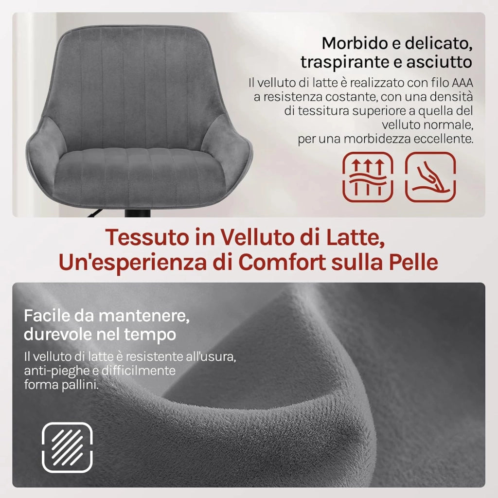 Sgabelli Cucina Set di 2 con Schienale e Braccioli, Sedie da Bar Girevoli, Altezza Regolabile, in Velluto di Latte, per Cucina, Bar, Ristorante, Grigio Scuro