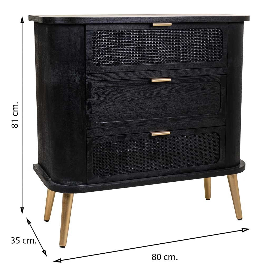Cassettiera in legno e rete laccata nera 80x35x81h