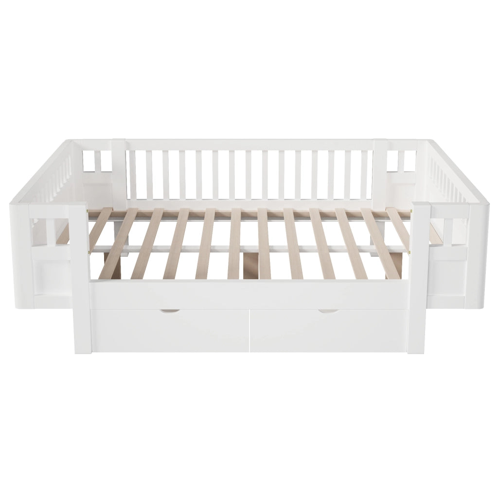 Letto per Bambini 140x200 cm; Letto con Sponda; 2 Cassetti - in Legno Massello e MDF - Bianco