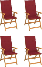 Set di 4 sedie da giardino con cuscini rosso vino in legno di teak massiccio