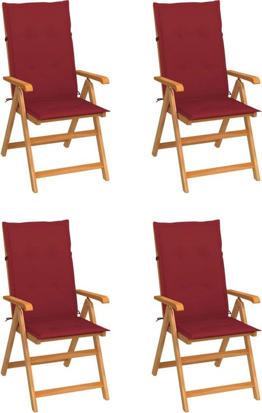Set di 4 sedie da giardino con cuscini rosso vino in legno di teak massiccio