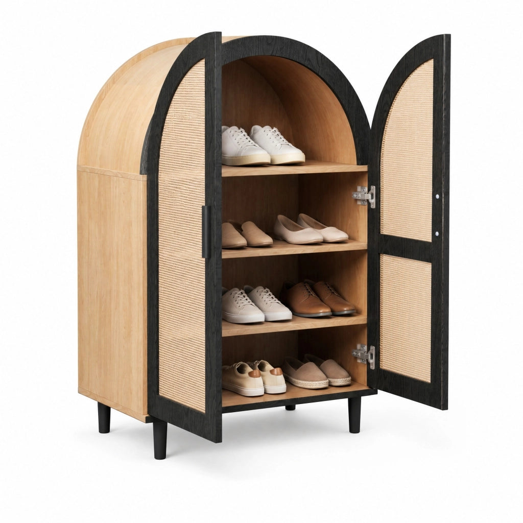 Scarpiera sideboard con ante in rattan; 70x40x100 cm; in MDF e truciolare; naturale e nero