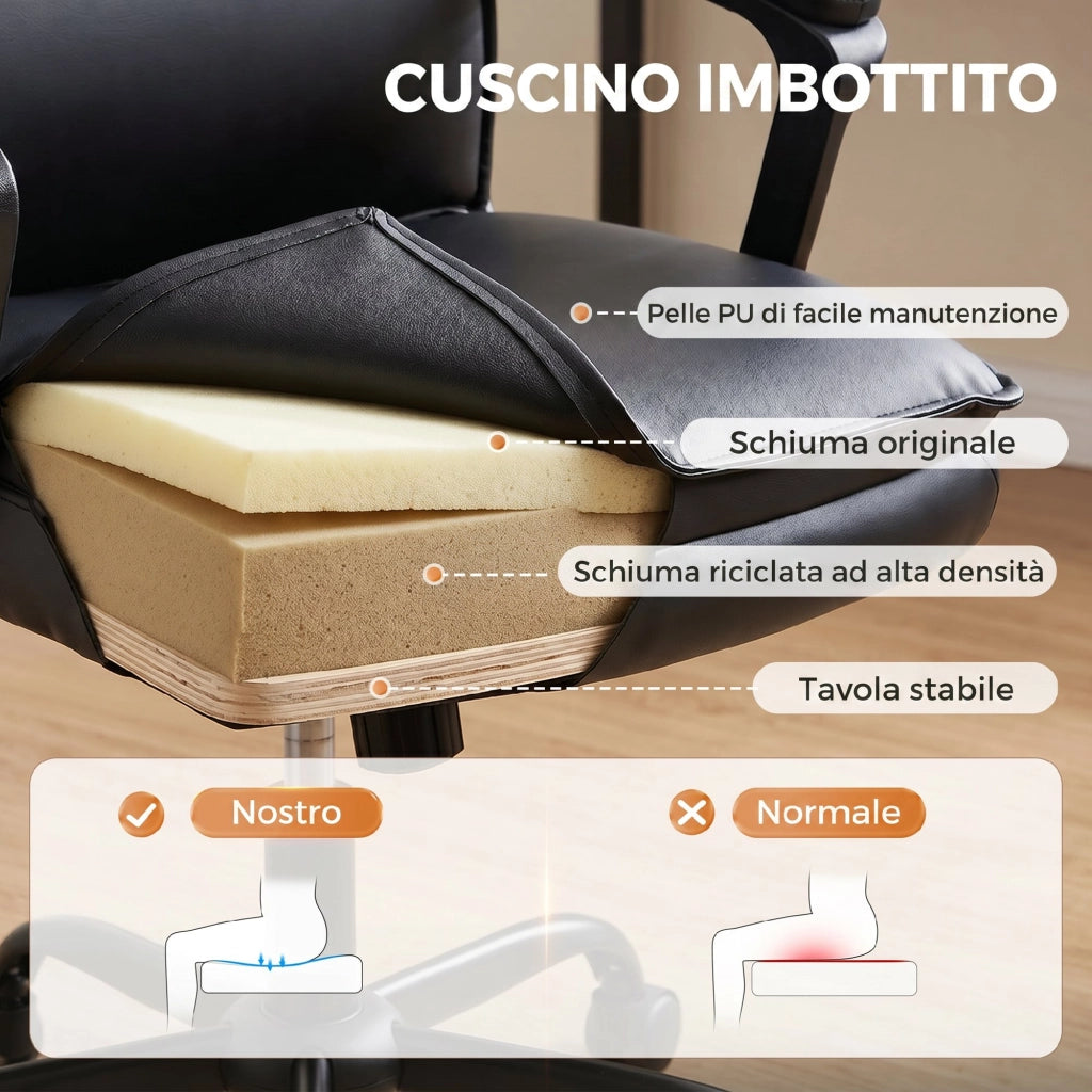 Sedia Ufficio Girevole 66x70x109-119 cm Funzione Dondolo Schienale Alto Capacità 120kg in Pelle PU Nero