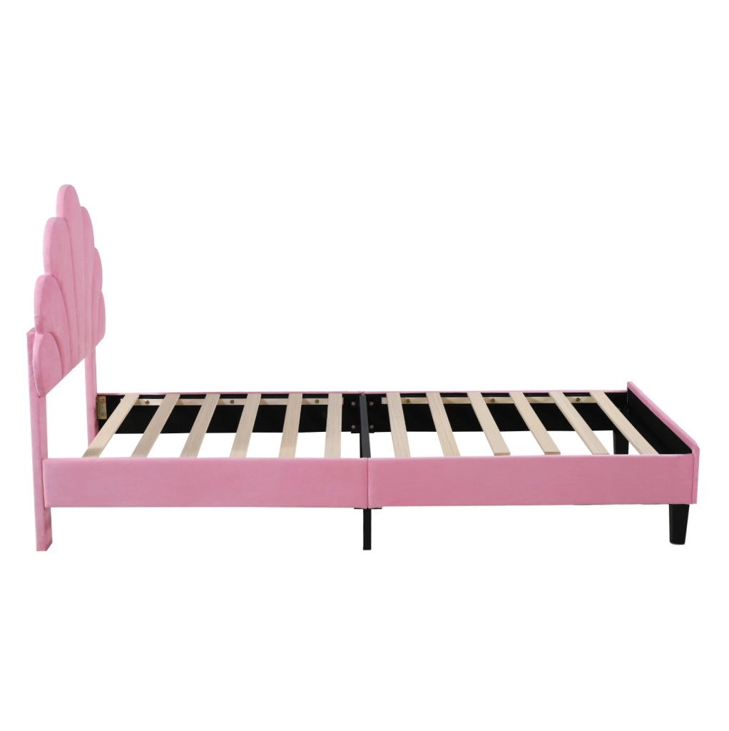 Letto imbottito 90x200 cm; testiera a fiore; velluto rosa (Senza materasso)