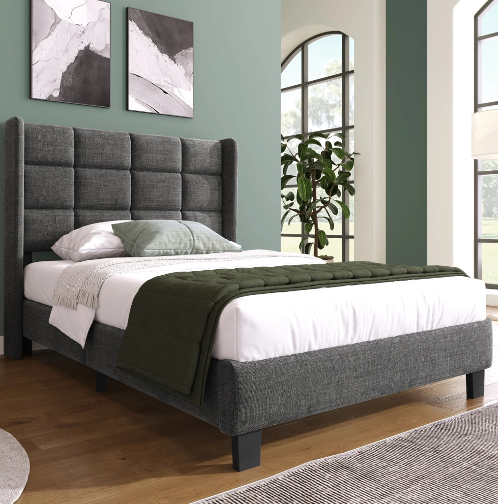 Letto singolo imbottito con testiera e rete a doghe 90x200 cm; lino grigio
