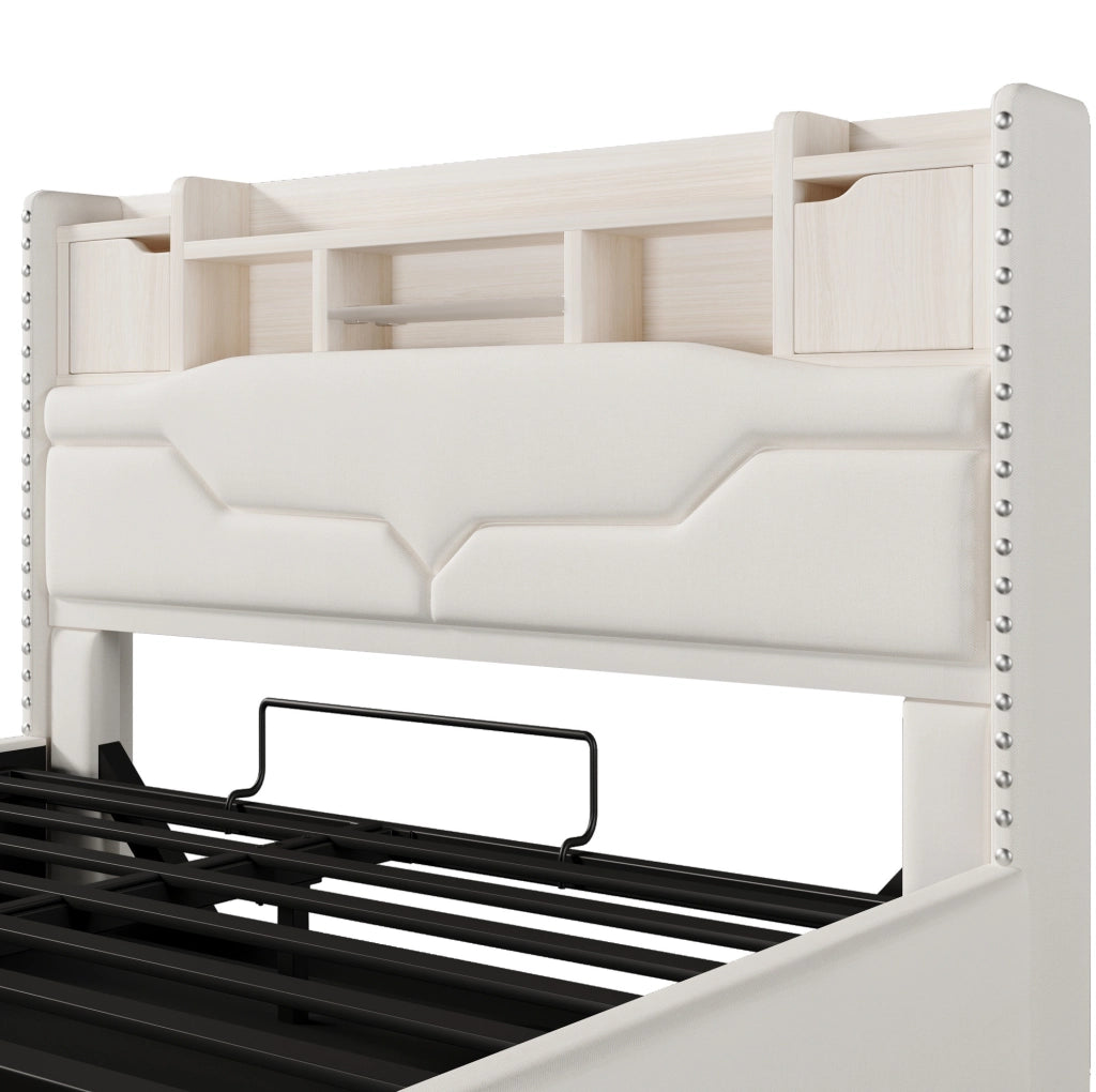 Letto imbottito ULEVR 160x200 cm con contenitore idraulico, LED, prese USB e Type-C, lino beige