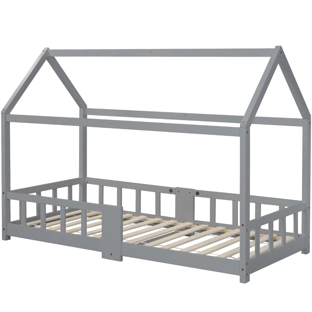 DESMIU Letto a casetta per bambini 1 posto con lavagna e sponde di sicurezza, 90 × 200 cm, senza materasso, legno massello grigio