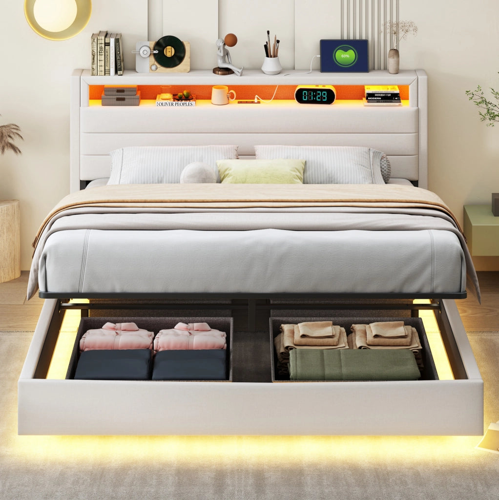 Letto matrimoniale imbottito 160x200 cm con USB; LED e contenitore idraulico; beige